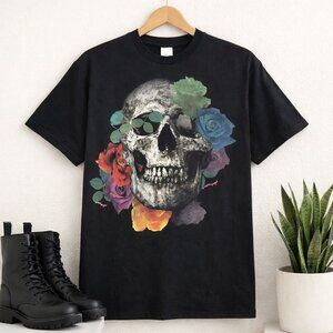 Skull & Roses Colorful Floral Graphic Tee | Y2K Dark Cottagecore Style Shirt